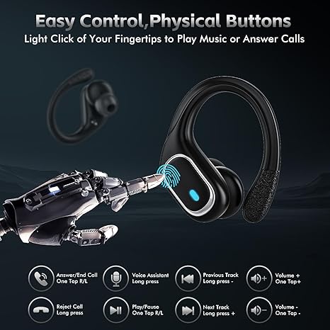 Wireless Earbuds Bluetooth 5.3 Headphones with 80H Playback, IPX7 Waterproof Over Ear Buds with LED Power Display for Sports Running Workouts - Black