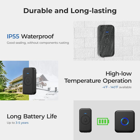 Wireless Doorbell, Waterproof Door Bell with 60 Chimes, 5 Volume Levels & 2 Mute Modes, Loud Doorbells Wireless for Home Classroom Office (1 Receiver & 1 Button, Black, American Plug)