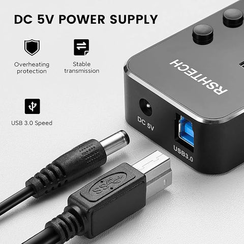 USB 3.0 Hub, 7 Port Powered USB Hub Expander Aluminum USB 3.0 Data Port hub with Universal 5V AC Adapter and Individual On/Off Switches USB Splitter for Laptop and PC(Black)