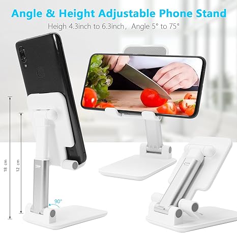 Cell Phone Stand, Folding Desktop Phone Stand, Angle Height Adjustable Mobile Phone Holder for Desk, Office, Tablet Stand Compatible with All Phones 4-10 Inches Cell Phone/Tablet (White)