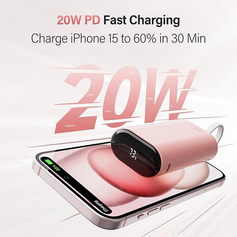 Portable Charger Fast Charging - 9600mAh 20W PD Power Bank with Built-in USB-C Cable, External Battery Pack for iPhone 15/15 Plus/15 Pro/15 Pro Max, Samsung, Android, iPad Pro/Air, AirPods