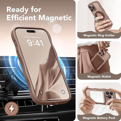 iPhone 16 Pro Max Case for Women Girls, Upgraded [Full Camera Protection] [Compatible with MagSafe] Cute Wave Translucent Matte Phone Case for iPhone 16 Pro Max, Brown