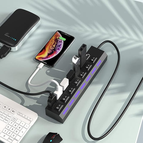 USB Hub, 7 Port USB 2.0 Hub LED Portable High-Speed Compatible for iMac Pro, MacBook Air, Mac mini/Pro, Surface Pro, PC and Laptop