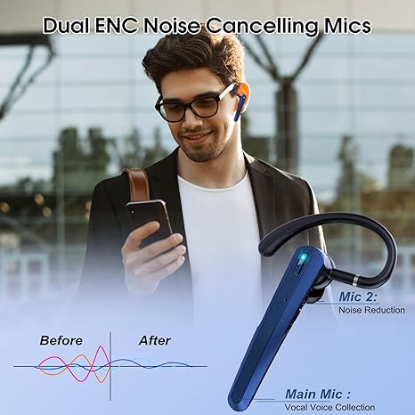 Bluetooth Headset V5.3, Wireless Headset with ENC Noise Canceling Mic, 120Hrs Talk Single-Ear Bluetooth Earpiece, LED Display, IP7 Waterproof Hand-Free Earphone for Business/Trucker/Driver, Dark Blue