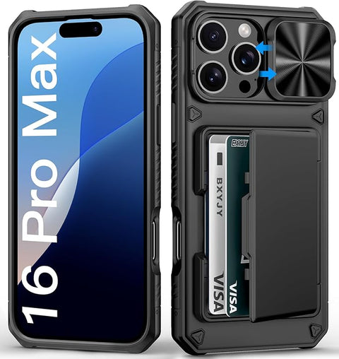 for iPhone 16 Pro Max Case Wallet, Built-in Card Holder (4-5 Cards), Slide Lens Cover, Military Drop Protection, Rugged Heavy Duty Men Women Protective Phone Case for iPhone 16 Pro Max,