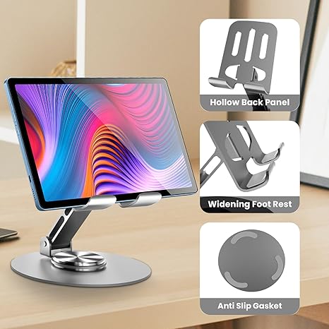 Universal Metal Cell Phone Stand, Multi-Angel Adjustable 360° Rotation Non-Slip Metal Phone Stand Compatible with iPhone 16 Pro Max and All Smartphones (Grey) -Moblie Holder
