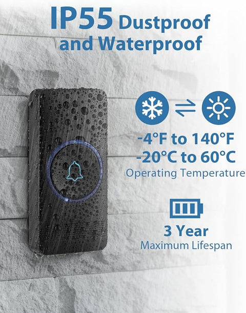 Wireless Doorbell, D-3B Waterproof Door Chime Kit Operating at over 1300 Feet with 2 Plug-In Receivers, 52 Melodies, CD Quality Sound and LED Flash