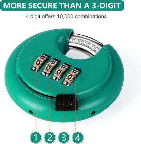 Rohuis Padlock Combination Lock - 4 Digit Discus Locker Lock with Hardened Steel Shackle - Heavy Duty Disc Pad Lock for Outdoors Sheds Fence, Gate Hasps, Storage Unit (Green)