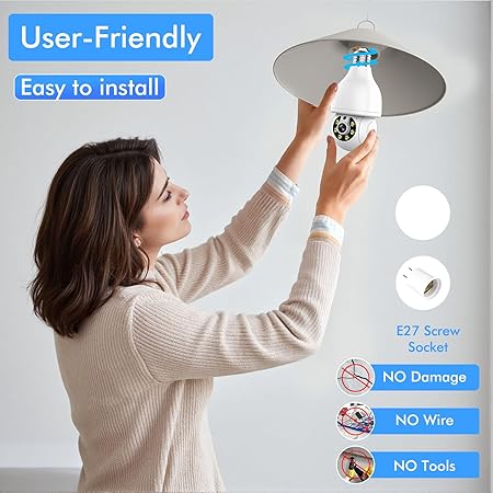 E27 Light Bulb Security Camera Outdoor - 3MP FHD Wireless Home Baby Monitor, WiFi Indoor Garage Surveillance with Night Vision, 2-Way Audio, PIR Mothion Detection and Alerts, Compatible with Alexa