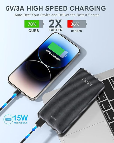 Power Bank 10000mAh Portable Charger, Slimmest 5V/3A Battery Pack, USB C Input & Output External Phone Charger, Compatible with iPhone 15 14 13 12, Galaxy S24 S23 S22, iPad, Pixel, etc (Black)