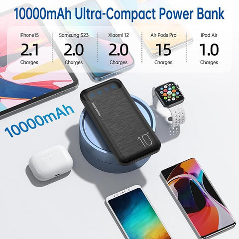 Power Bank 10000mAh Portable Charger Slim External Battery Pack with 2 USB 2.4A Outputs and USB C In/Out Compatible with Huawei iPhone 16 15 14 13 12 iPad Samsung Galaxy S20 Android Tablet (Black)