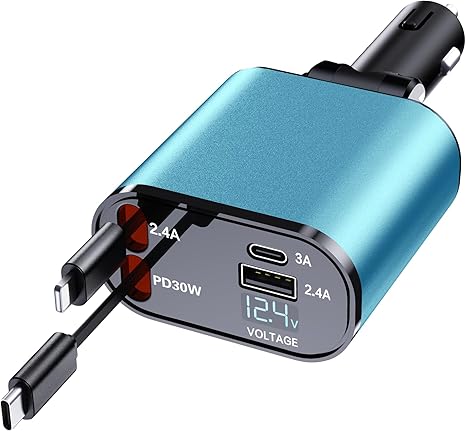 Retractable Car Phone Charger, 4 in 1 Fast Charge Car Phone Charger with 2 Retractable Cables(2.6ft) and 2 USB Ports, Compatible with iPhone15/14/15 Pro Max,Samsung (Light Blue) -Car charger