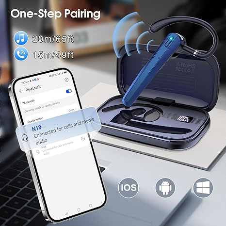 Bluetooth Headset V5.3, Wireless Headset with ENC Noise Canceling Mic, 120Hrs Talk Single-Ear Bluetooth Earpiece, LED Display, IP7 Waterproof Hand-Free Earphone for Business/Trucker/Driver, Dark Blue