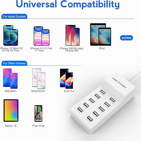 USB Charger Station Block with Rapid Charging Auto Detect Technology Safety Guaranteed 10-Port Family-Sized Smart USB Ports for Multiple Devices Smart Phone Tablet