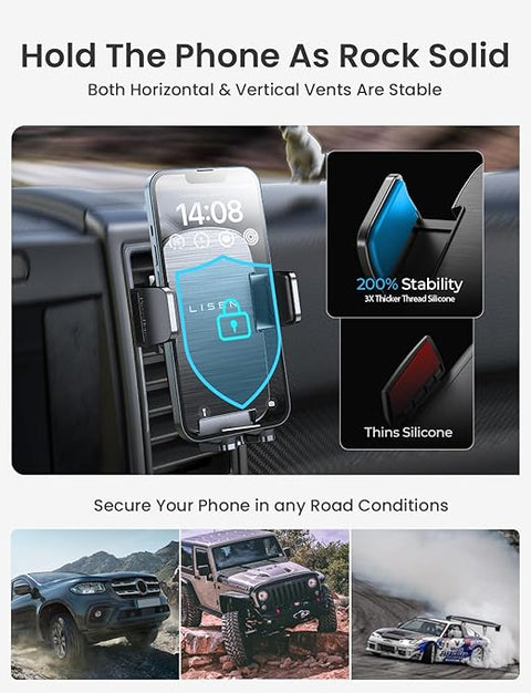2025 Car Phone Mount, Phone Holders for Your Car [Thick Cases Friendly] Car Phone Holder Air Vent Wider Clamp & Metal Hook Cell Phone Car Mount for iPhone Pro Max Samsung Smartphones