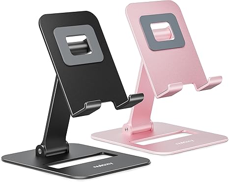 2 Pack Dual Folding Cell Phone Stand, Fully Adjustable Phone Holder for Desk, Compatible with iPhone 16 15 14 13 12 11, Nintendo Switch, All Phones, Black & Rose Gold