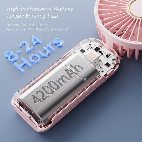 Portable Fan, 4200mAh Battery Operated Fan, 5 Speeds&Digital Display, Makeup Fans for Women with Base, 180°Foldable 3in1 Handheld/Neck/Desk Fan for Outdoor Indoor,Ultra Quiet (Pink)