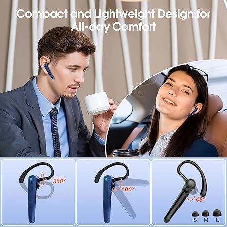 Bluetooth Headset V5.3, Wireless Headset with ENC Noise Canceling Mic, 120Hrs Talk Single-Ear Bluetooth Earpiece, LED Display, IP7 Waterproof Hand-Free Earphone for Business/Trucker/Driver, Dark Blue