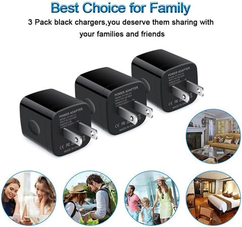 Wall Charger Cube,1A/5V Single Port USB Plug 3 Pack Travel Black Charging Block Box Adapter Compatible Phone,Samsung Galaxy S24 S23 A21 A51 A71 S20 S10 S9 S8,A10e,Note20/10,Moto G7 G6,LG Stylo 6/5/4