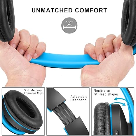 Bluetooth Headphones Over-Ear, Foldable Wireless and Wired Stereo Headset Micro SD/TF, FM for Cell Phone,PC,Soft Earmuffs &Light Weight for Prolonged Wearing (Black/Blue)