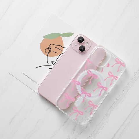 Magnetic for iPhone 14 & iPhone 13 Case, Bow Case Compatible with MagSafe, Wireless Slim Clear Ribbon Phone Cover Anti-Yellowing Shockproof Protective Cover for Women Girl - Pink