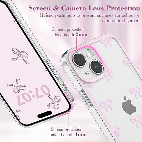 Case for iPhone 15, Clear Cute Ribbon Bowknot Pattern Aesthetic Transparent Phone Case Raised Camera Protection Stylish Slim Soft Durable TPU Protective Cover for Women Girls - Pink