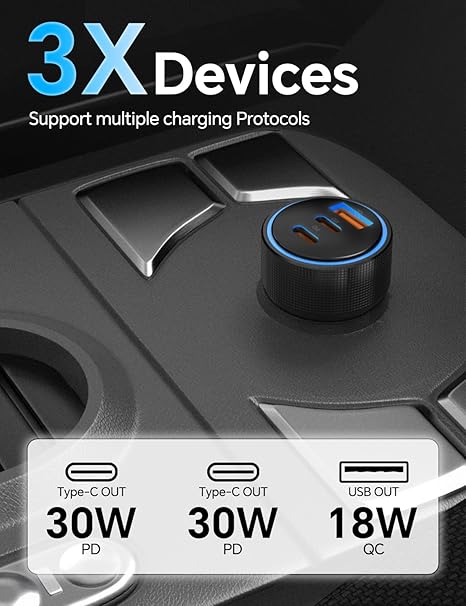 for iPhone 15/16 Pro Max Car Charger, 72W 3-Port Fast USB C Car Charger Power Cigarette Lighter Adapter with 2x3FT USB C to C Cable for iPhone 15/15 Plus/15 Pro Max/16/16 Pro Max, iPad Pro/Air/Mini