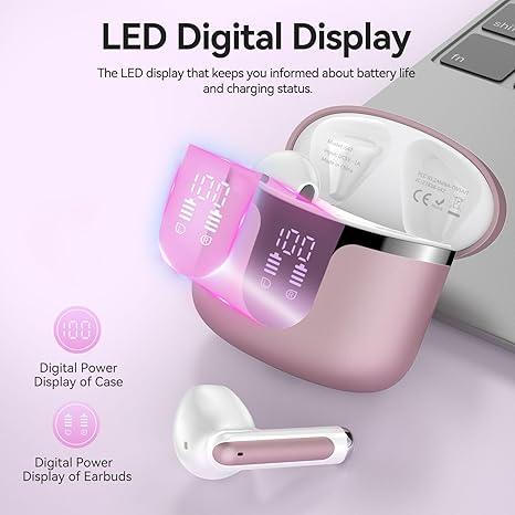 Wireless Earbuds Bluetooth Headphones 5.3 Stereo 50 Hour Playback Ear Buds with LED Display and with 4 ENC Noise Cancelling Mic Wireless Earphones, for Phone, Tablet, Laptop, Sports, Rose Gold