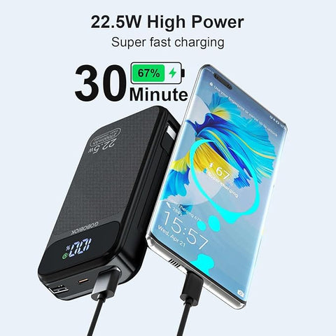 Power Bank 27000mAh Fast Charging Built-in 2 Cables, 22.5W Portable Charger, Portable USB C Power Bank Battery Pack with LCD Display Powerbank for Smartphones Tablets and More