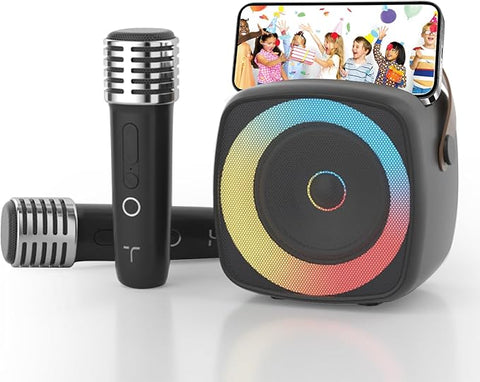 Karaoke Machine 2 Microphones for Home Party with Phone Holder, Wireless Portable Bluetooth Speaker with Dynamic Lights for Kids Adults Mini Voice Changer Mic Speaker Set for Boys Girls