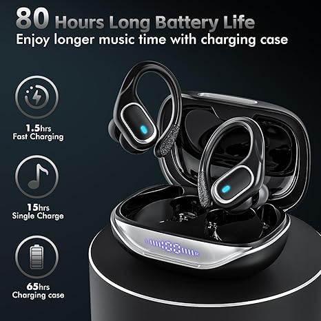 Wireless Earbuds Bluetooth 5.3 Headphones with 80H Playback, IPX7 Waterproof Over Ear Buds with LED Power Display for Sports Running Workouts - Black