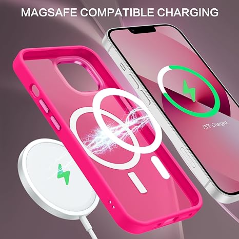 Magnetic for iPhone 13 Case & iPhone 14 Case [Compatible with Magsafe] Translucent Matte Phone Case iPhone 13/14 Slim Thin Shockproof Women Men Protective Cover Cases, Hot Pink