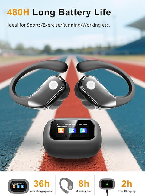Wireless Earbuds, ANC Noise Cancelling Sport Ear Buds with Multifunctional Touch Screen, Bluetooth 5.4 Headphones, Bass Stereo Sound, 5 EQ Over The Ear Earbuds for Sports/Workout/Gym-Grey