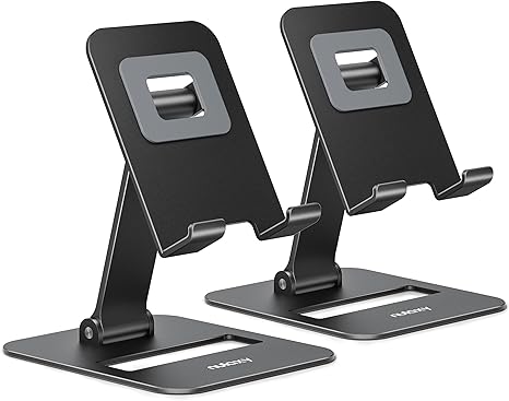 2 Pack Dual Folding Cell Phone Stand, Fully Adjustable Phone Holder for Desk, Compatible with Phone 16 15 14 13 12 11, Nintendo Switch, All Phones, Black