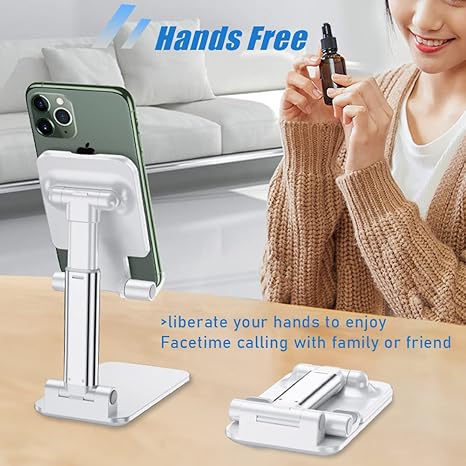 Cell Phone Stand, Angle Height Adjustable Cell Phone Holder with Silicon Pad for Desk Fully Forldable Mobile Phone Holder Compatible with All Mobile Phones, MT-6, (White)