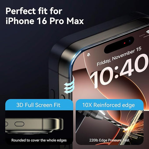 Privacy Screen Protector for iPhone 16 Pro Max(6.9"), 9H+ Tempered Glass, Auto-Dust Removal, Military Grade Protection, Bubble-Free, Full Coverage, Case Friendly