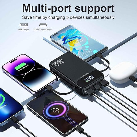 Power Bank 27000mAh Fast Charging Built-in 2 Cables, 22.5W Portable Charger, Portable USB C Power Bank Battery Pack with LCD Display Powerbank for Smartphones Tablets and More