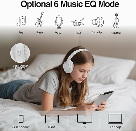 Bluetooth Headphones Over Ear 68H Playtime 6 EQ Wireless Headset with Microphone HiFi Stereo Foldable Lightweight Deep Bass for Travel Home Office Cellphone White