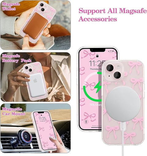 Magnetic for iPhone 14 & iPhone 13 Case, Bow Case Compatible with MagSafe, Wireless Slim Clear Ribbon Phone Cover Anti-Yellowing Shockproof Protective Cover for Women Girl - Pink