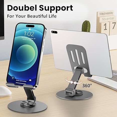 Universal Metal Cell Phone Stand, Multi-Angel Adjustable 360° Rotation Non-Slip Metal Phone Stand Compatible with iPhone 16 Pro Max and All Smartphones (Grey) -Moblie Holder