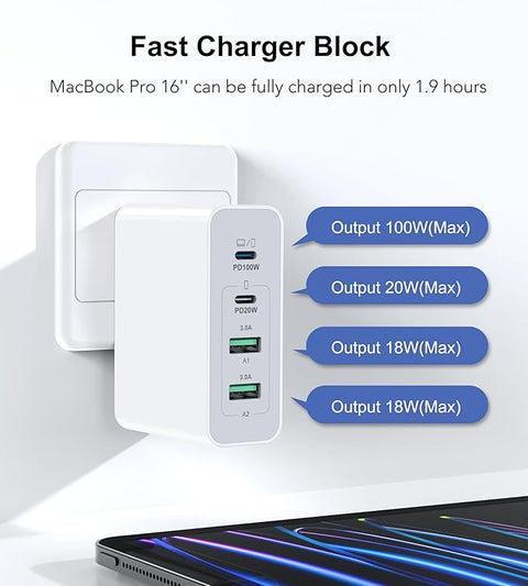 USB C Wall Charger Block, 140W GaN 4-Port Fast Charger Charging Station Hub,100W Laptop Adapter for MacBook Pro/Air, iPad Pro, Galaxy S23, Dell XPS 13, Note 20/10+, iPhone 16/Pro, Steam Deck, and More