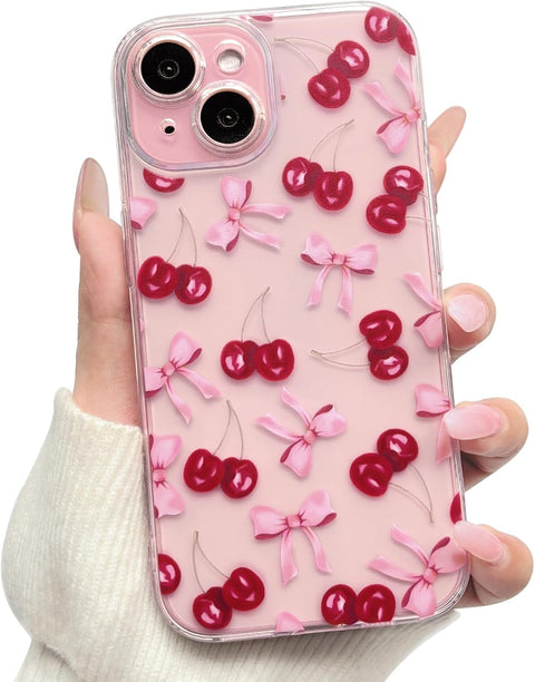 Compatible with iPhone 15 Plus Case Cute Clear Cherry Bowknot Design for Women Girls Bow Ribbon Soft Fit Slim Stylish Anti Yellowing Protective Phone Cover - Pink
