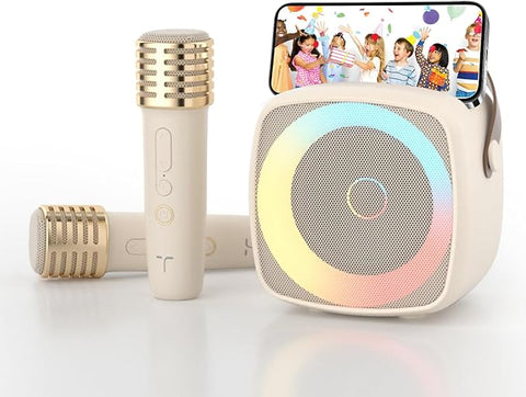 Karaoke Machine 2 Microphones for Home Party with Phone Holder, Wireless Portable Bluetooth Speaker with Dynamic Lights for Kids Adults Mini Voice Changer Mic Speaker Set for Boys Girls