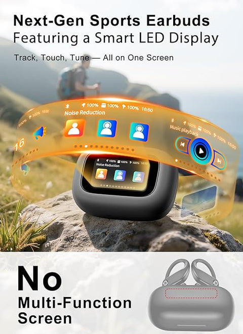 Wireless Earbuds, ANC Noise Cancelling Sport Ear Buds with Multifunctional Touch Screen, Bluetooth 5.4 Headphones, Bass Stereo Sound, 5 EQ Over The Ear Earbuds for Sports/Workout/Gym-Grey