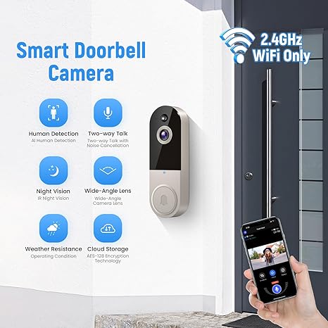 1080P Smart Wireless Video Doorbell Camera, AI Human Detection, 2.4G WiFi, Two-Way Talk, Battery Powered, Night Vision, Real-Time Alerts, Weather-Resistant, Cloud Storage (Linen)