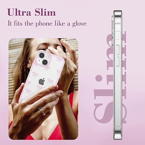 Case for iPhone 15, Clear Cute Ribbon Bowknot Pattern Aesthetic Transparent Phone Case Raised Camera Protection Stylish Slim Soft Durable TPU Protective Cover for Women Girls - Pink