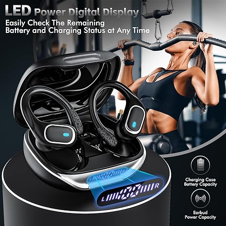 Wireless Earbuds Bluetooth 5.3 Headphones with 80H Playback, IPX7 Waterproof Over Ear Buds with LED Power Display for Sports Running Workouts - Black
