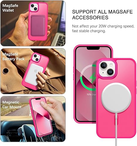 Magnetic for iPhone 13 Case & iPhone 14 Case [Compatible with Magsafe] Translucent Matte Phone Case iPhone 13/14 Slim Thin Shockproof Women Men Protective Cover Cases, Hot Pink