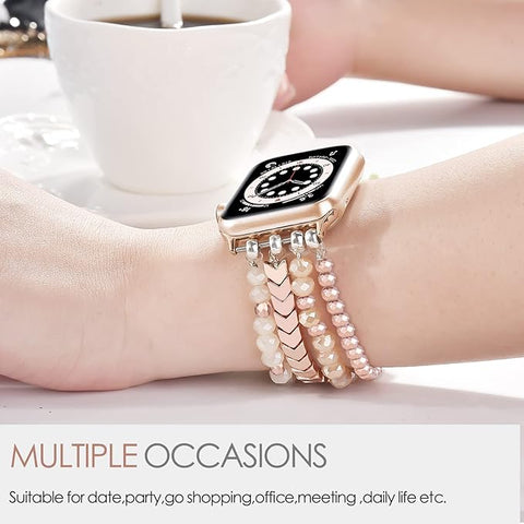 Beaded Bracelet Compatible with Apple Watch Band 38mm/40mm/41mm/42mm（Series 10） 9/8/7/SE/6/5/4/3/2/1 Women Fashion Handmade Elastic Stretch Strap for iWatch Bands Replacement Rose Gold