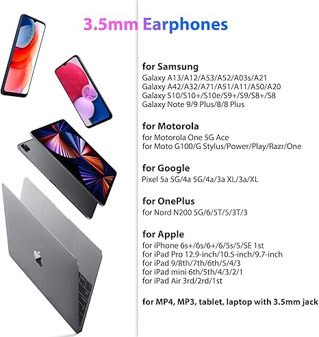 Wired Handsfree 3.5mm Jack Magnetic in-Ear Handsfree Stereo Canceling with Handsfree for iPhone iPad Samsung A15 A14 A13 A03s S10 Motorola One 5G Ace Moto G Play Power Stylus Android